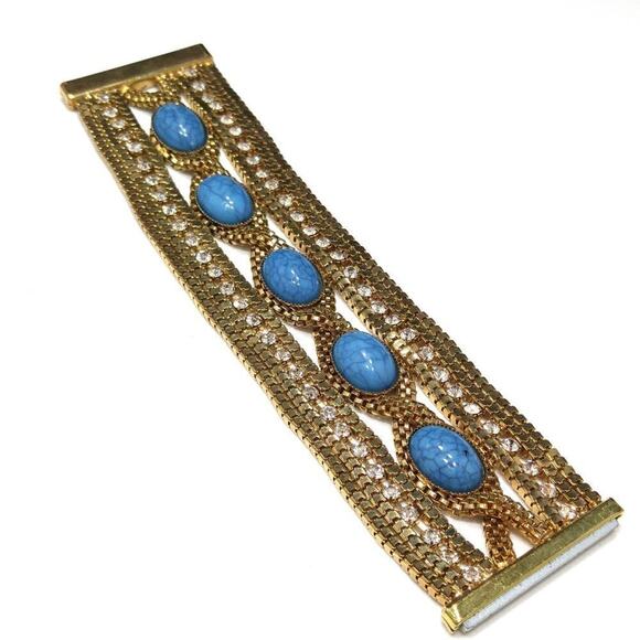 Boho Faux Turquoise Rhinestones Gold Tone Bracelet, 7 1/4 Inch, Magnetic Clasp - Picture 3 of 10